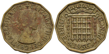 Великобритания 3 пенса 1956 Елизавета II (1952-2022) KM 900, Spink 4153 никель латунь 4153-734