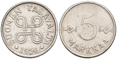 Финляндия 5 марок 1956 KM 37a никелированное железо 192-1134