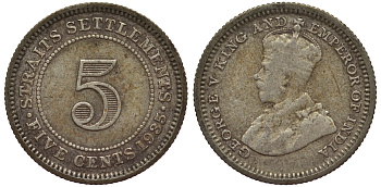 Стрейтс-Сетлментс 5 центов 1935 Георг V (1910-1936) КМ 36 серебро 53-555