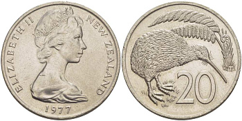 Новая Зеландия 20 центов 1977 Елизавета II (1952-2022), птичка киви KM 36.1 медно-никель 215-511