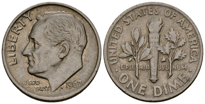 США 10 центов (дайм) 1967 Рузвельт KM 195a медь плакированная медно-никелем 4164-941