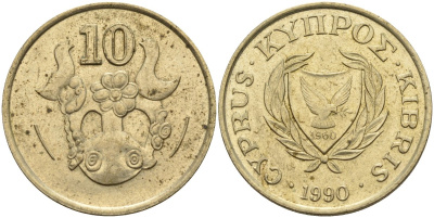 Кипр 10 центов 1990 KM 56.2 никель латунь 4141-1151