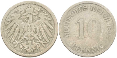 ГЕРМАНИЯ 10 ПФЕННИГОВ 1892 A KM 12, J. 13 медно-никель 175-213