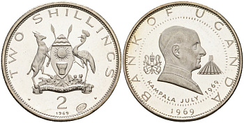 Уганда 2 шиллинга 1969 визит папы Иоанна Павла VI KM 8 серебро PROOF 00-00