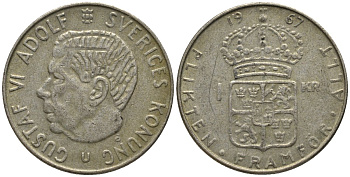 Швеция 1 крона 1967 U, Густав VI Адольф (1950-1973) KM 826 серебро 4577-812