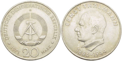 ГДР 20 марок 1971 A, 85 лет со дня рождения Эрнста Тельмана KM 34, J. 1535 медно-никель 4521-335