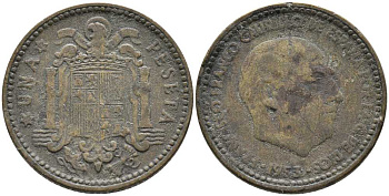 ИСПАНИЯ 1 ПЕСЕТА 1953 (62) ФРАНСИСКО ФРАНКО ДИКТАТОР ИСПАНИИ (1939-1975) KM 775 алюминиевая бронза 110-1125