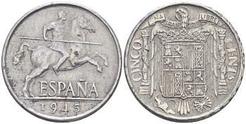 ИСПАНИЯ 5 СЕНТИМО 1945 РЫЦАРЬ НА КОНЕ KM 765 алюминий 213-111
