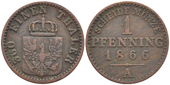 ПРУССИЯ 1 ПФЕННИГ 1866 А, ВИЛЬГЕЛЬМ I (1861-1888) KM 480 медь 201-545