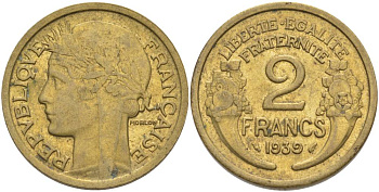 ФРАНЦИЯ 2 ФРАНКА 1939 ТИП MORLON KM 886, LE FRANC 268.12 алюминиевая бронза 3855-143