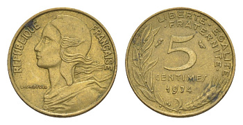 Франция 5 сантимов 1974 тип Morlon KM 933, Le Franc 125.10 алюминиевая бронза 4630-327