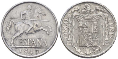 ИСПАНИЯ 5 СЕНТИМО 1945 РЫЦАРЬ НА КОНЕ KM 765 алюминий 213-111