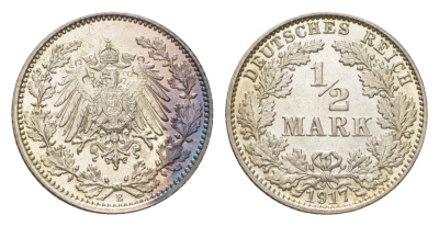 Германия 1/2 марки 1917 A, Вильгельм II (1888-1918) KM 17, J. 16 серебро UNC 4625-1042