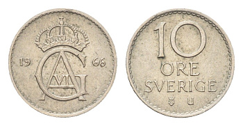 Швеция 10 эре 1966 Густав VI Адольф (1950-1973) KM 835 медно-никель 4685-1166