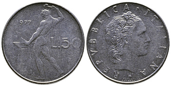 Италия 50 лир 1977 R, бог огня Вулкан у наковальни KM 95.1 нержавеющая сталь    4606-131