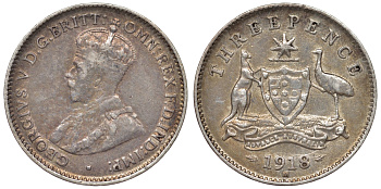 Австралия 3 пенса 1918 M Георг V (1910-1936) KM 24 серебро 71-116