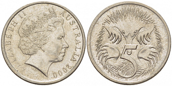 АВСТРАЛИЯ 5 ЦЕНТОВ 2000 ЕЛИЗАВЕТА II, ТРЕТИЙ ПОРТРЕТ, ЕХИДНА KM 401 медно-никель 3851-1142