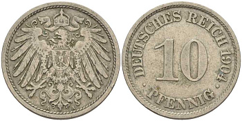 ГЕРМАНИЯ 10 ПФЕННИГОВ 1904 A KM 12, J. 13 медно-никель 4401-1256