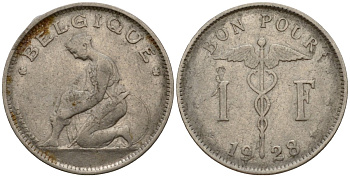 Бельгия 1 франк 1928 Belgique KM 89 никель 33-1237