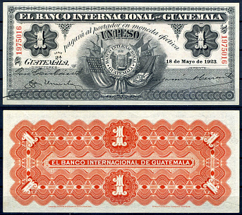 Гватемала 1 песо 1923 международный банк Гватемалы Pick S153 b  бумага  aUNC 451-1204-3