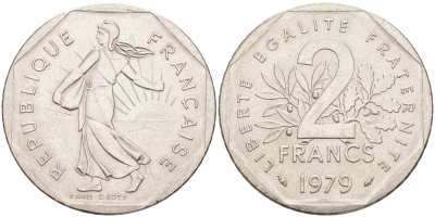 Франция 2 франка 1979 сеятель KM 942.1, Le Franc 272.3 никель 4513-536