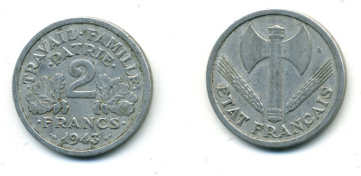 Франция 2 франка 1943 правительство Виши KM 904.1 алюминий 84-143