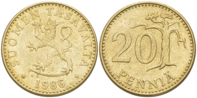 ФИНЛЯНДИЯ 20 ПЕННИ 1986 N KM 47 алюминиевая бронза 3457-837