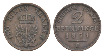 Пруссия 2 пфеннига 1871 C, Вильгельм I (1861-1888) KM 481, Jaeger 51, AKS 107, Olding 425 медь 4651-266