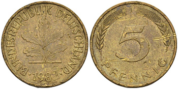 ФРГ 5 пфеннигов 1982 J KM 107 сталь плакированная латунью 4115-457