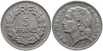 ФРАНЦИЯ 5 ФРАНКОВ 1933 KM 888 никель 87-1334