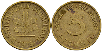 ФРГ 5 пфеннигов 1975 D J.382, KM 107 сталь плакированная латунью    4598-956