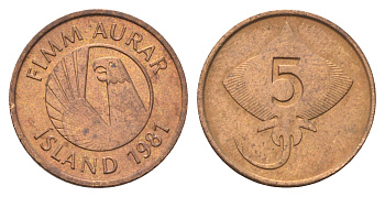 Исландия 5 эйре 1981 год-тип KM 24 бронза UNC 4668-917