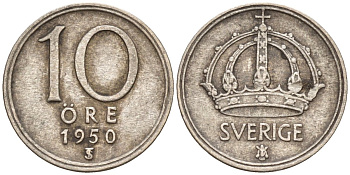 Швеция 10 эре 1950 TS, Густав V (1907-1950) KM 813 серебро 4147-856