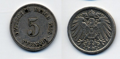 Германия 5 пфеннигов 1908 A KM 11, Jager 12, Weege 6 медно-никель 84-1665