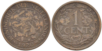 НИДЕРЛАНДЫ 1 ЦЕНТ 1920 ВИЛЬГЕЛЬМИНА I (1891-1948) KM 152 бронза 4532-513