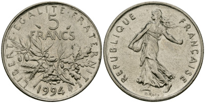 Франция 5 франков 1994 300 лет со дня рождения Вольтера KM 1063, Le Franc 344.2 медно-никель плакированный никелем 4120-445