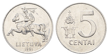 Литва 5 центов (сентов) 1991 год-тип KM 87 алюминий 4688-941