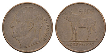 Норвегия 5 эре 1959 Улаф V (1957-1991) KM 405 бронза 4635-553