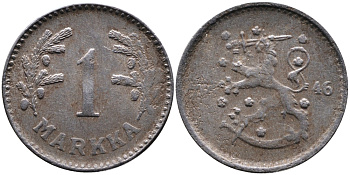 ФИНЛЯНДИЯ 1 МАРКА 1946 S KM 30b железо 4388-1013