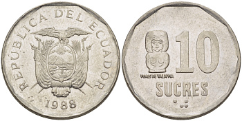 ЭКВАДОР 10 СУКРЕ 1988 VENUS DE VALDIVIA KM 92.1 сталь плакированная никелем 31-427