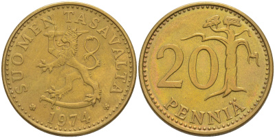 Финляндия 20 пенни 1974 S KM 47 алюминиевая бронза 106-345