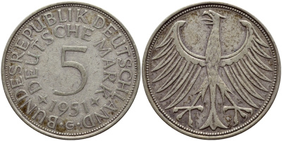 ФРГ 5 марок 1951 G, KM 112.1, J.387 серебро 83-2016