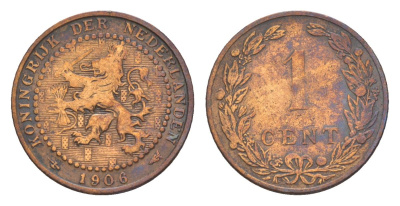 Нидерланды 1 цент 1906 Вильгельмина (1890-1948) KM 132 бронза 73-643