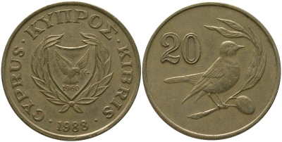 Кипр 20 центов 1988 KM 57.2 никель латунь 4402-153