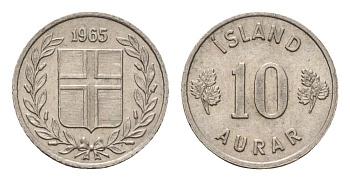 Исландия 10 эйре 1965 KM 10 медно-никель UNC 4690-715