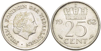 НИДЕРЛАНДЫ 25 ЦЕНТОВ 1962 ЮЛИАНА (1948-1980) KM 183 никель 214-934
