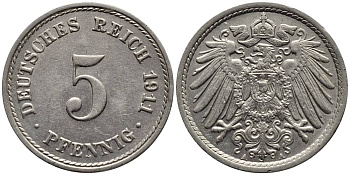 Германия 5 пфеннигов 1911 A KM 11, J. 12, Weege 6 медно-никель 4547-521