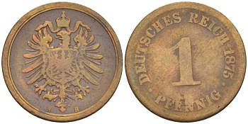 ГЕРМАНИЯ 1 ПФЕННИГ 1875 B, СТАРОГЕРБОВКА KM 1, J. 1, Weege 1 медь 206-1033