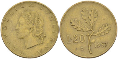 ИТАЛИЯ 20 ЛИР 1957 R, ДУБОВЫЙ ЛИСТ KM 97.1 алюминиевая бронза 113-1241