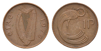 Ирландия 1 пенни 1976 мифологическая птица лира KM 20 бронза 4690-363